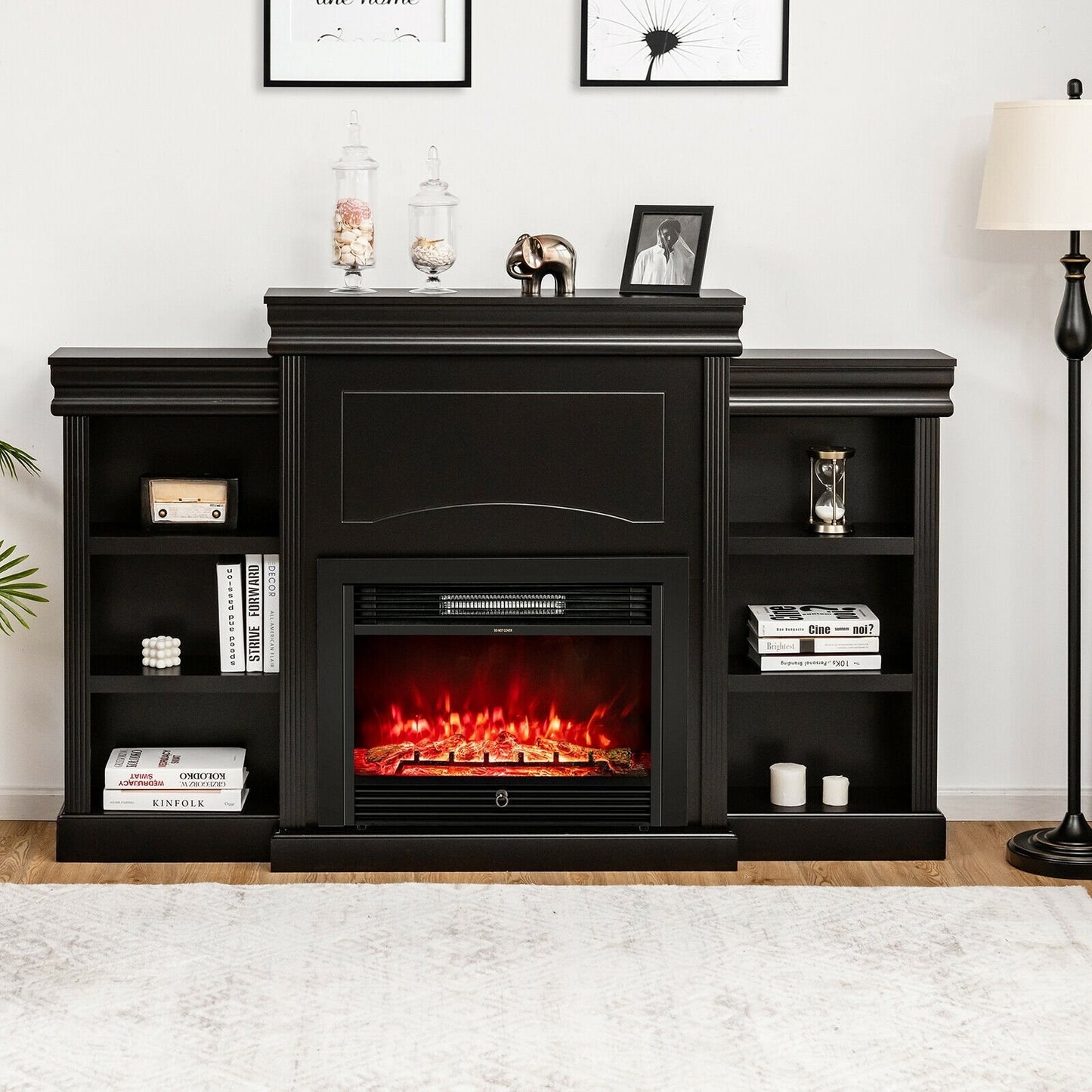 70 Inch Modern Fireplace Media Entertainment Center with Bookcase, Black