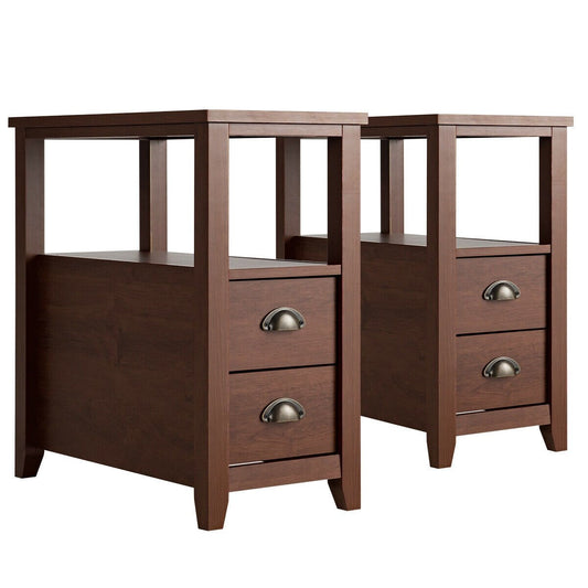 Set of 2 End Table Wooden with 2 Drawer & Shelf Bedside Table, Brown
