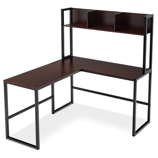 Reversible L-Shaped Corner Desk with Storage Bookshelf, Dark Brown