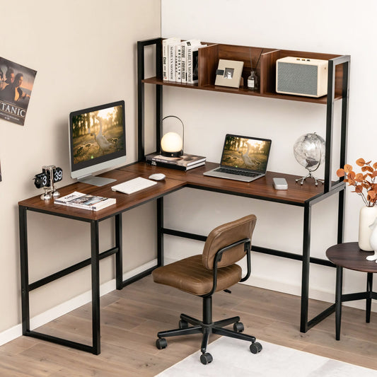 Reversible L-Shaped Corner Desk With Storage Bookshelf, Walnut
