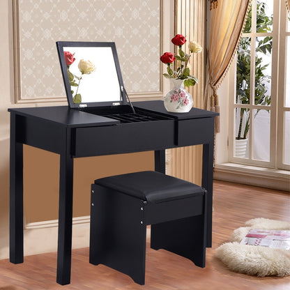 Vanity Makeup Dressing Table Set with Flip Top Mirror and Cushioned Stool, Black