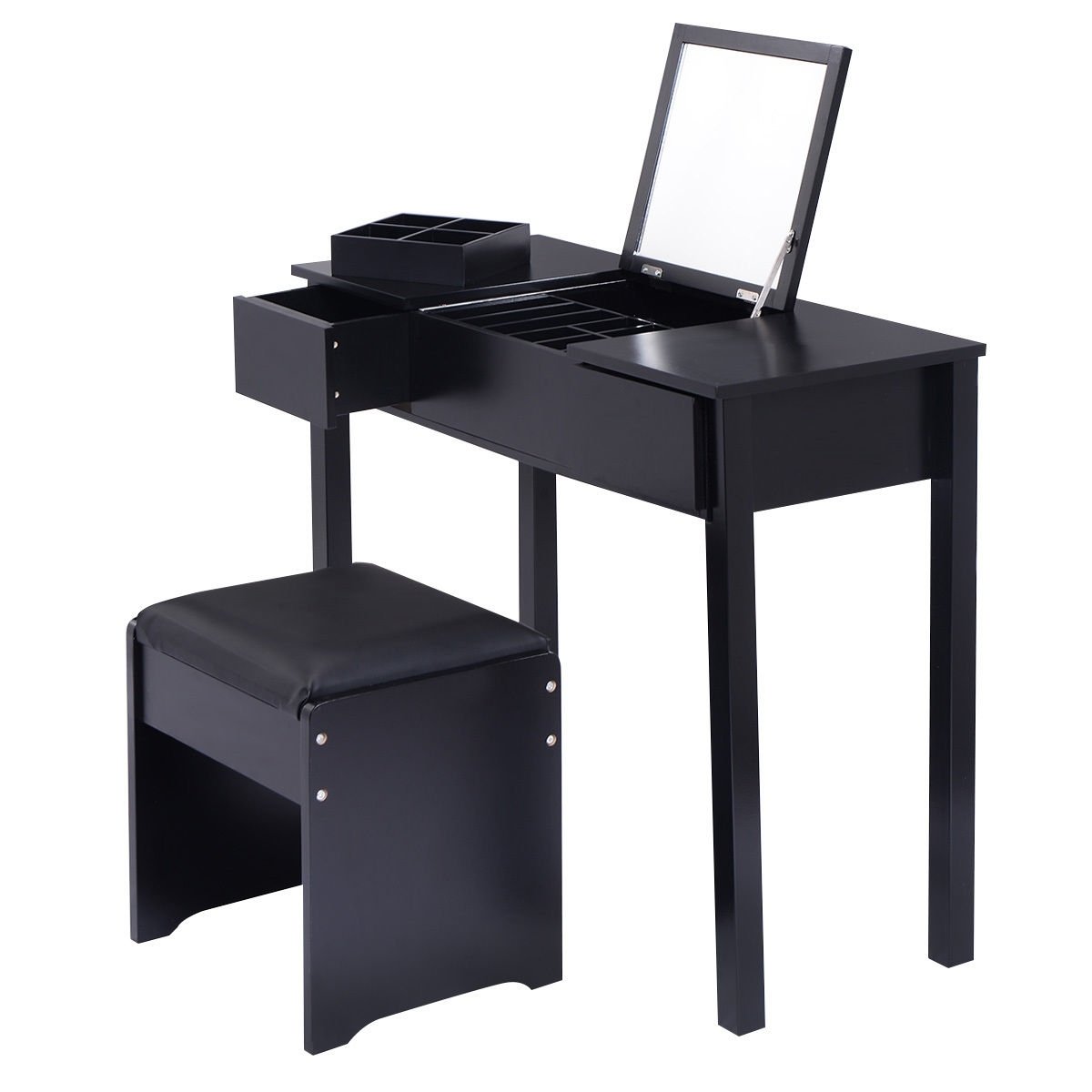 Vanity Makeup Dressing Table Set with Flip Top Mirror and Cushioned Stool, Black