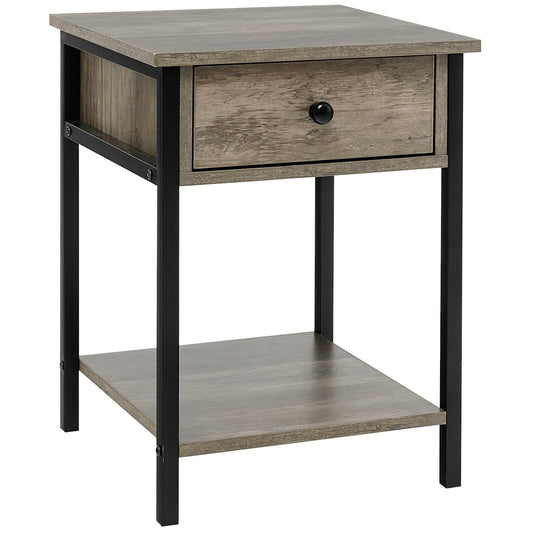 Industrial End Side Table Nightstand with Drawer Shelf, Oak