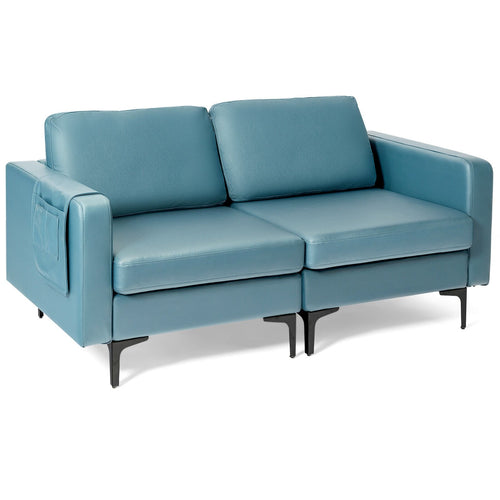 Modern Loveseat Sofa Couch with Side Storage Pocket and Sponged Padded Seat Cushions, Blue