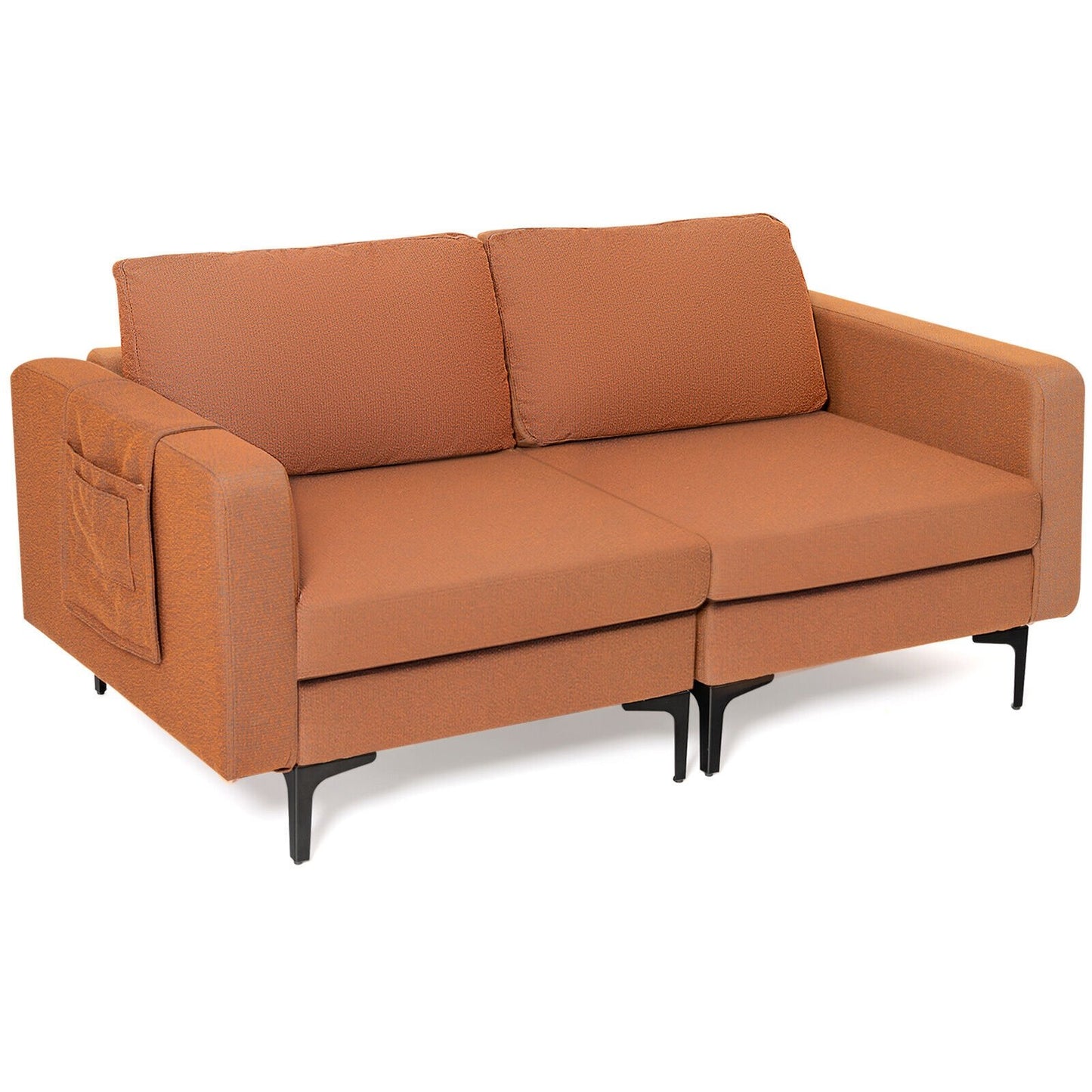 Modern Loveseat Sofa Couch with Side Storage Pocket and Sponged Padded Seat Cushions, Orange