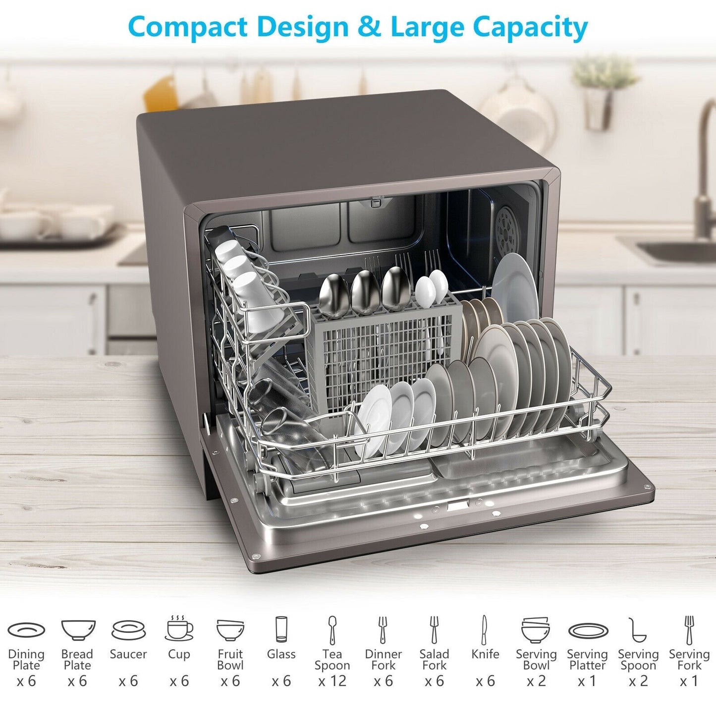 6 Place Setting Built-in or Countertop Dishwasher Machine with 5 Programs, Black