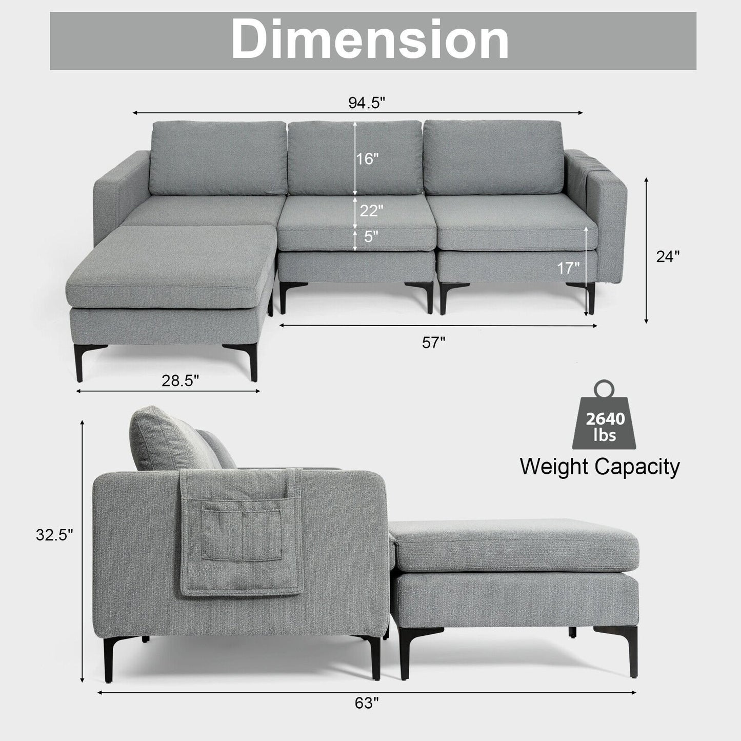 Modular L-shaped Sectional Sofa with Reversible Chaise and 2 USB Ports, Dark Gray