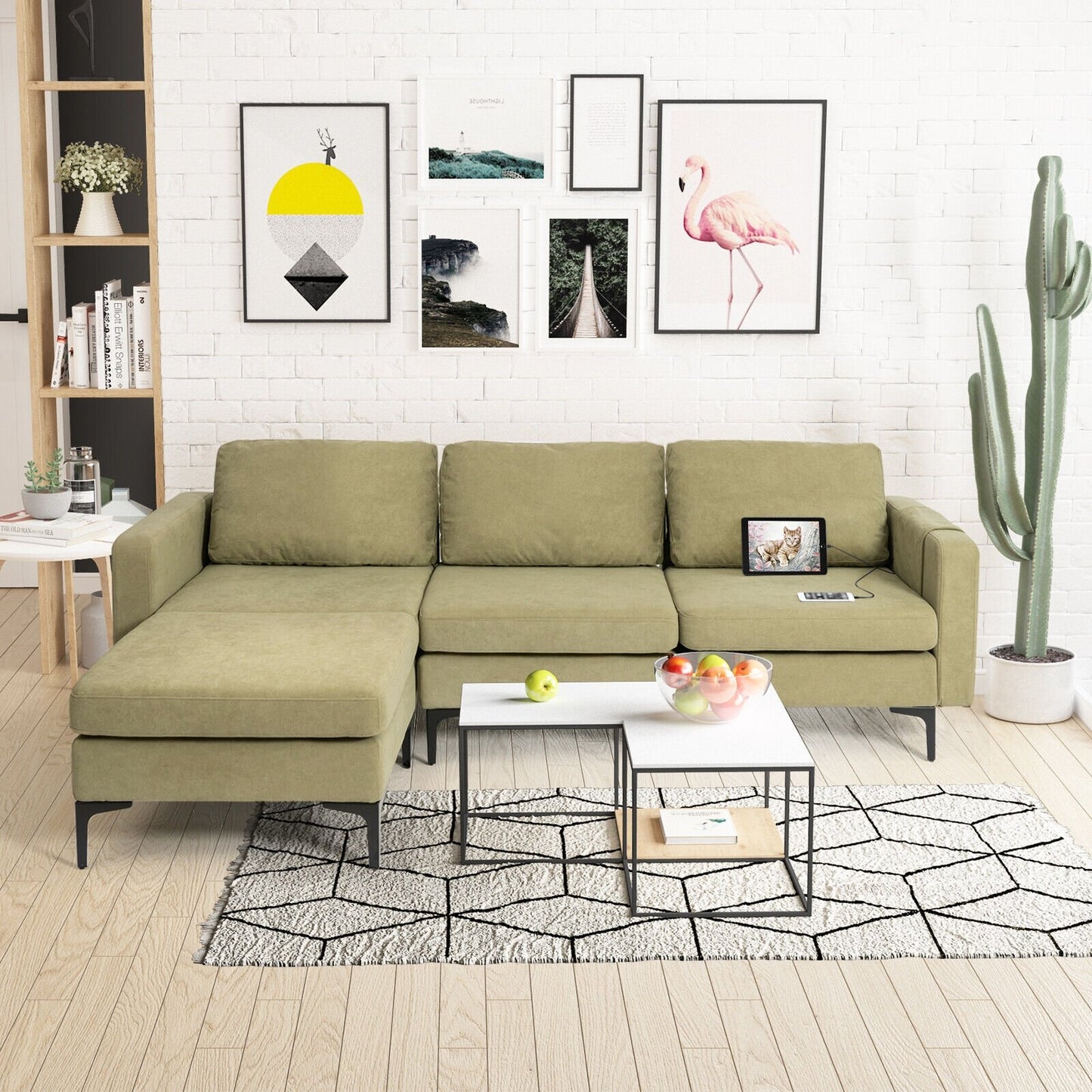Modular L-shaped Sectional Sofa with Reversible Chaise and 2 USB Ports, Green