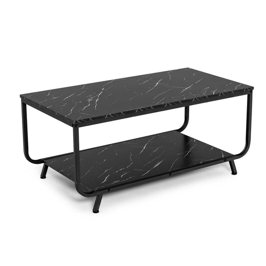 2-Tier Modern Marble Coffee Table with Storage Shelf for Living Room, Black