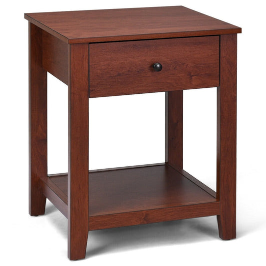 Night Stand End Side Table with Drawer and Storage Shelf, Brown