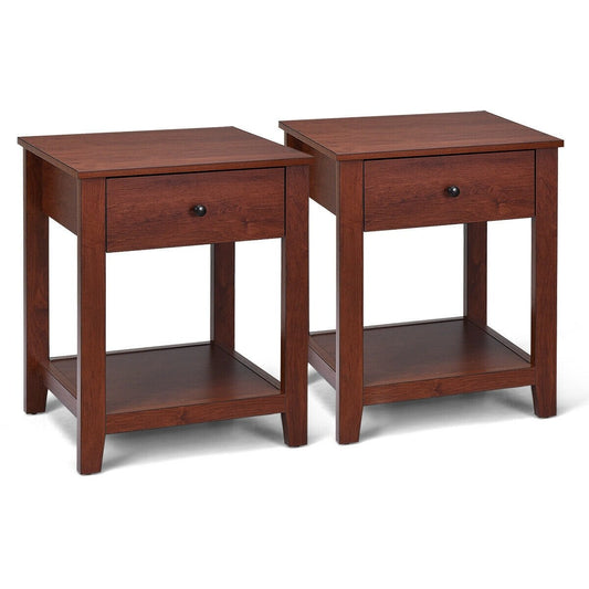 Set of 2 Nightstand with Storage Shelf and Pull Handle, Brown