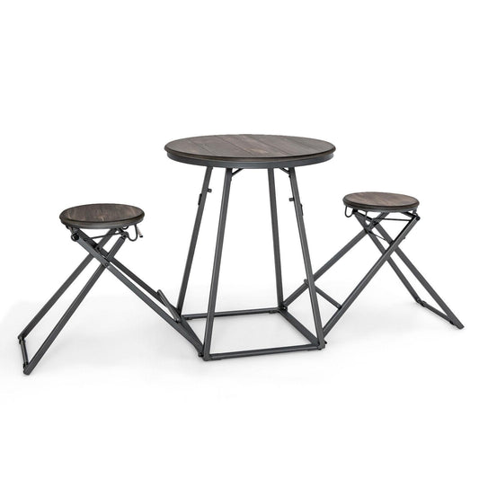 3 Pieces Dining Table Set with 2 Foldable Stools for Small Space, Gray