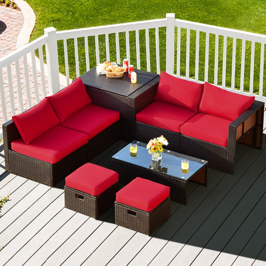 8 Piece Patio Rattan Furniture Set, Storage Box, Waterproof Cover, Red Outdoor Sectionals Red at Gallery Canada