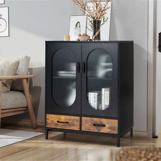 Kitchen Industrial Buffet Sideboard with Tempered Glass Doors, Black Sideboards Cabinets & Buffets Black at Gallery Canada
