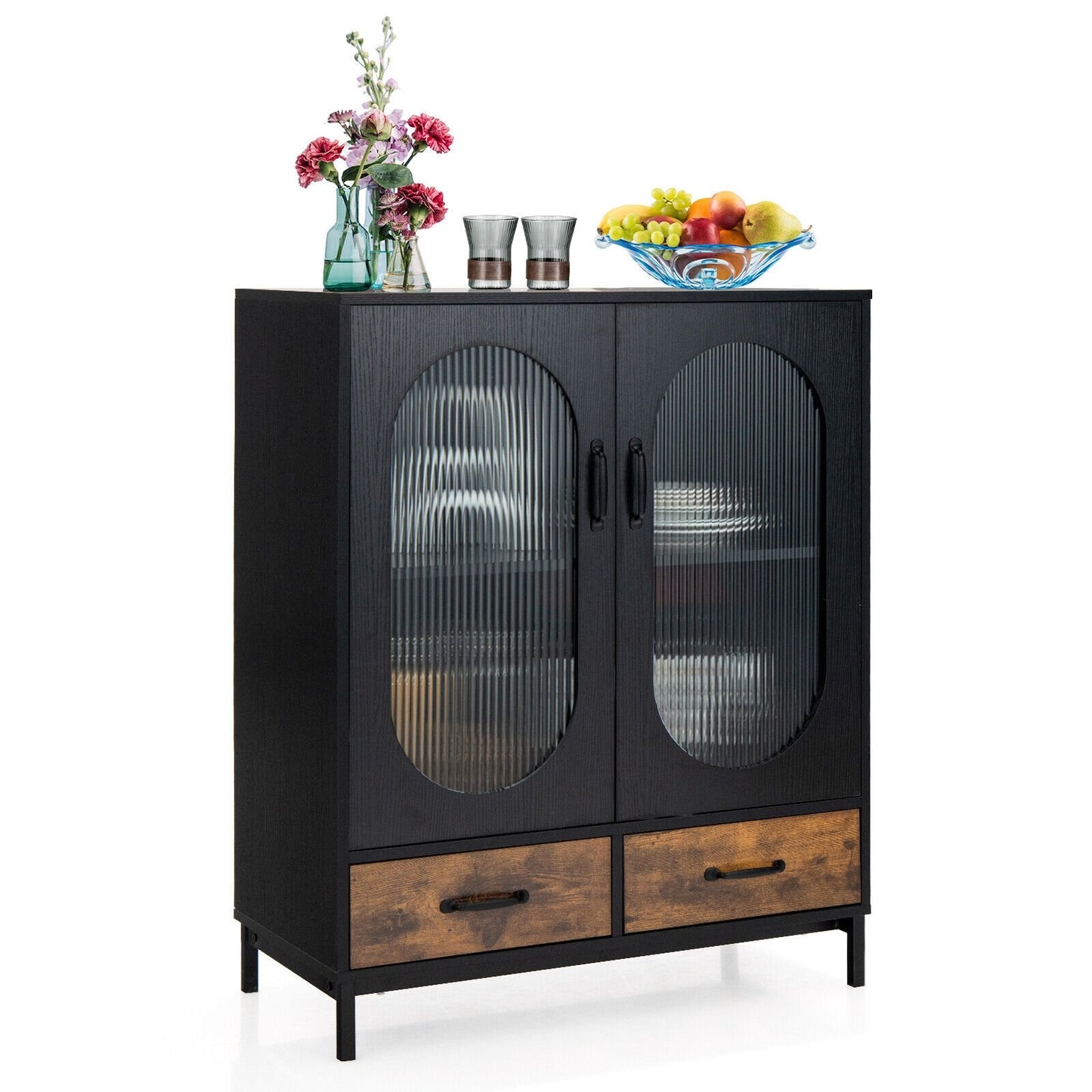 Kitchen Industrial Buffet Sideboard with Tempered Glass Doors, Black at Gallery Canada
