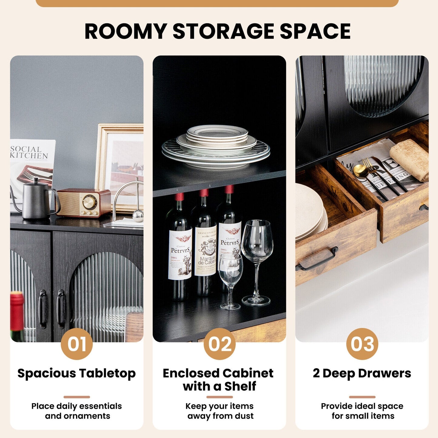 Kitchen Industrial Buffet Sideboard with Tempered Glass Doors, Black Sideboards Cabinets & Buffets at Gallery Canada