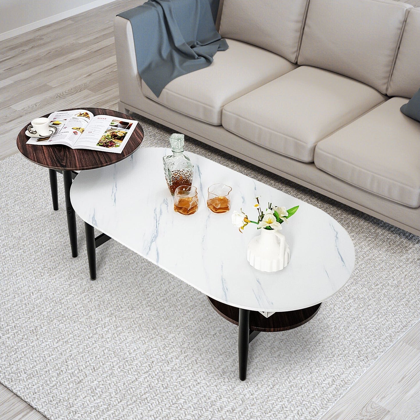 Set of 2 Modern Nesting Coffee Table with Extra Storage Shelf, White at Gallery Canada
