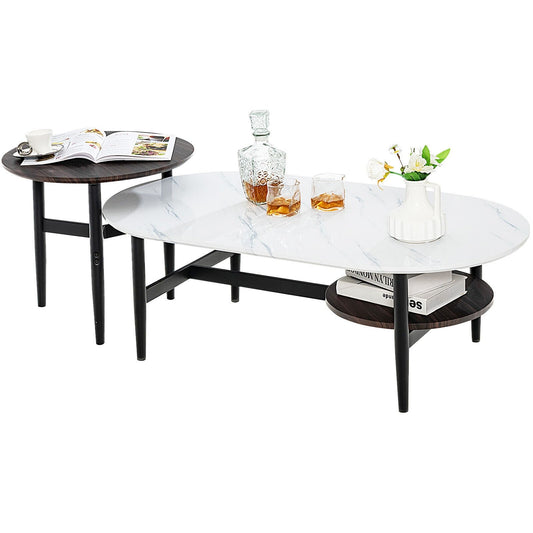 Set of 2 Modern Nesting Coffee Table with Extra Storage Shelf, White
