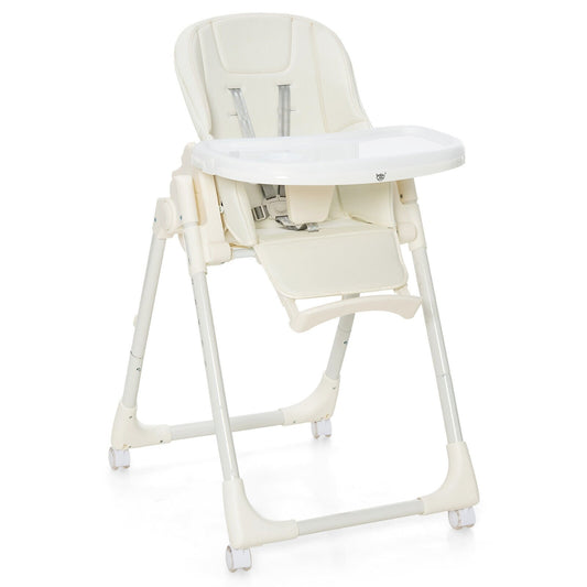 Folding High Chair with Height Adjustment and 360° Rotating Wheels, Beige