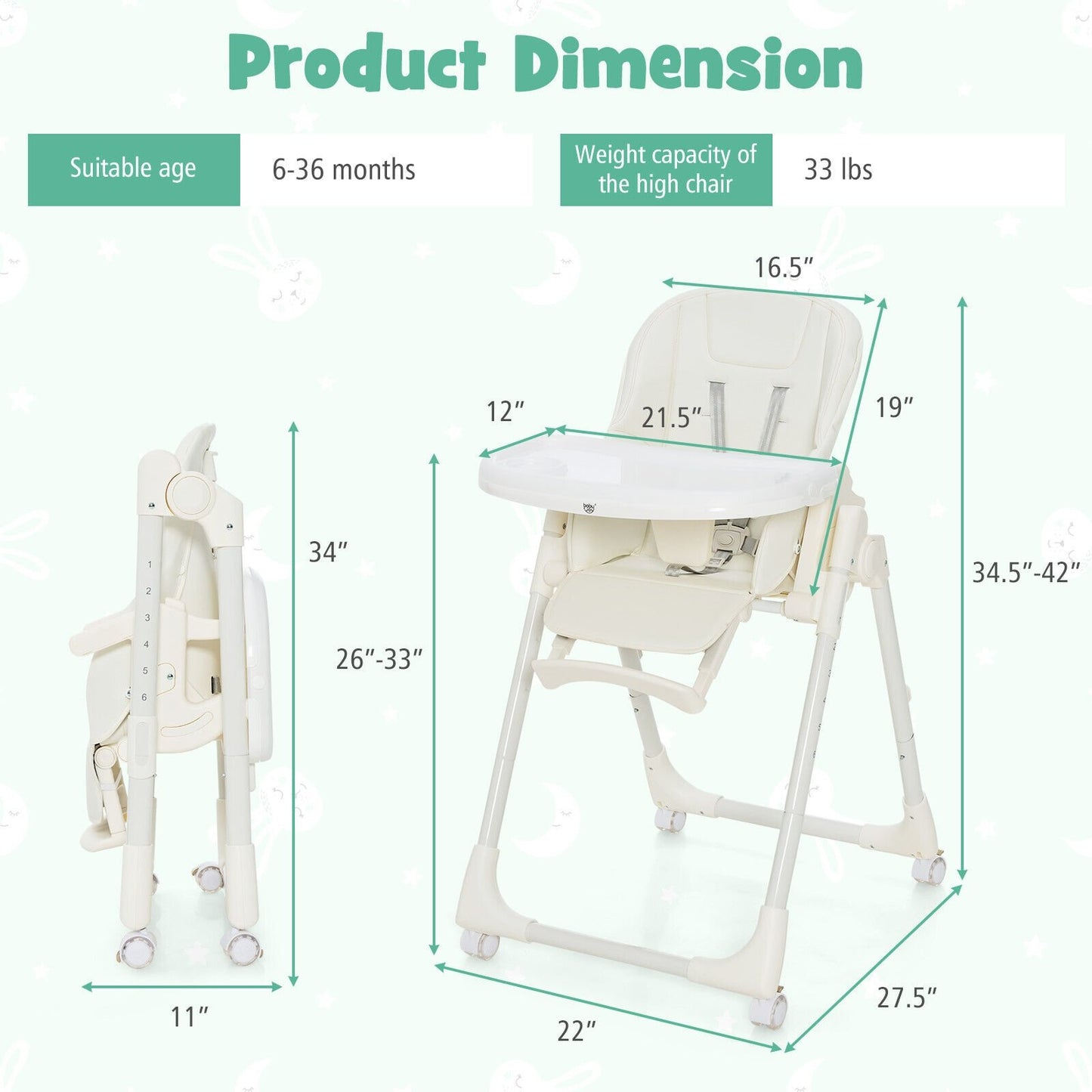 Folding High Chair with Height Adjustment and 360° Rotating Wheels, Beige at Gallery Canada