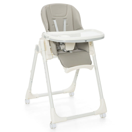 Folding High Chair with Height Adjustment and 360° Rotating Wheels, Gray