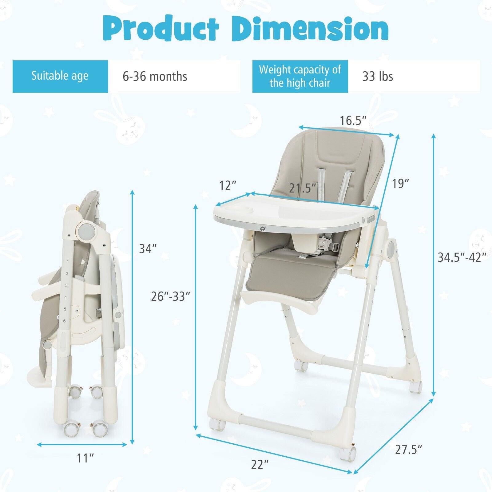 Folding High Chair with Height Adjustment and 360° Rotating Wheels, Gray at Gallery Canada