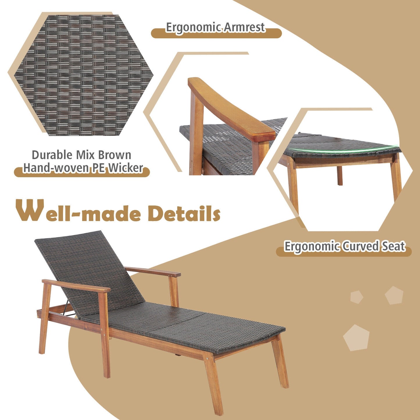 Patio Rattan Lounge Chair with 4-Position Adjustable Backrest, Brown Outdoor Chaise Lounges at Gallery Canada