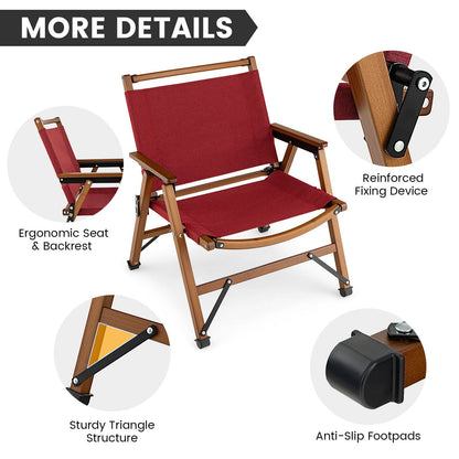 Patio Folding Camping Beach Chair with Solid Bamboo Frame, Red