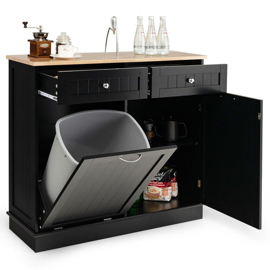 Rubber Wood Kitchen Trash Cabinet with Single Trash Can Holder and Adjustable Shelf, Black