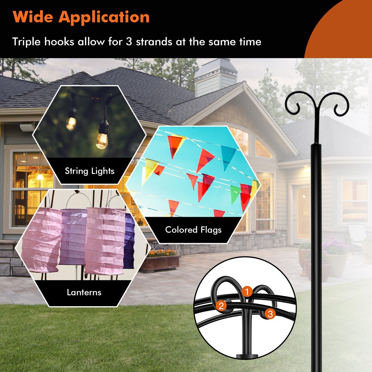 String Light Poles 2 Pack Outdoor Metal Poles with Top Arc Hook and 5-Prong Base-10 ft, Black Outdoor Decor at Gallery Canada