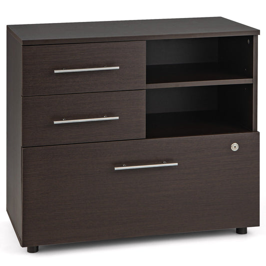3 Drawer Lateral File Cabinet on Wheels with Storage Shelves, Brown