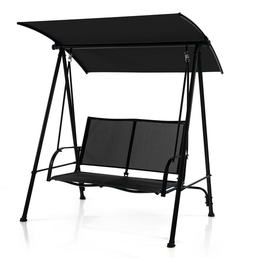 2-Seat Outdoor Canopy Swing with Comfortable Fabric Seat and Heavy-duty Metal Frame, Black