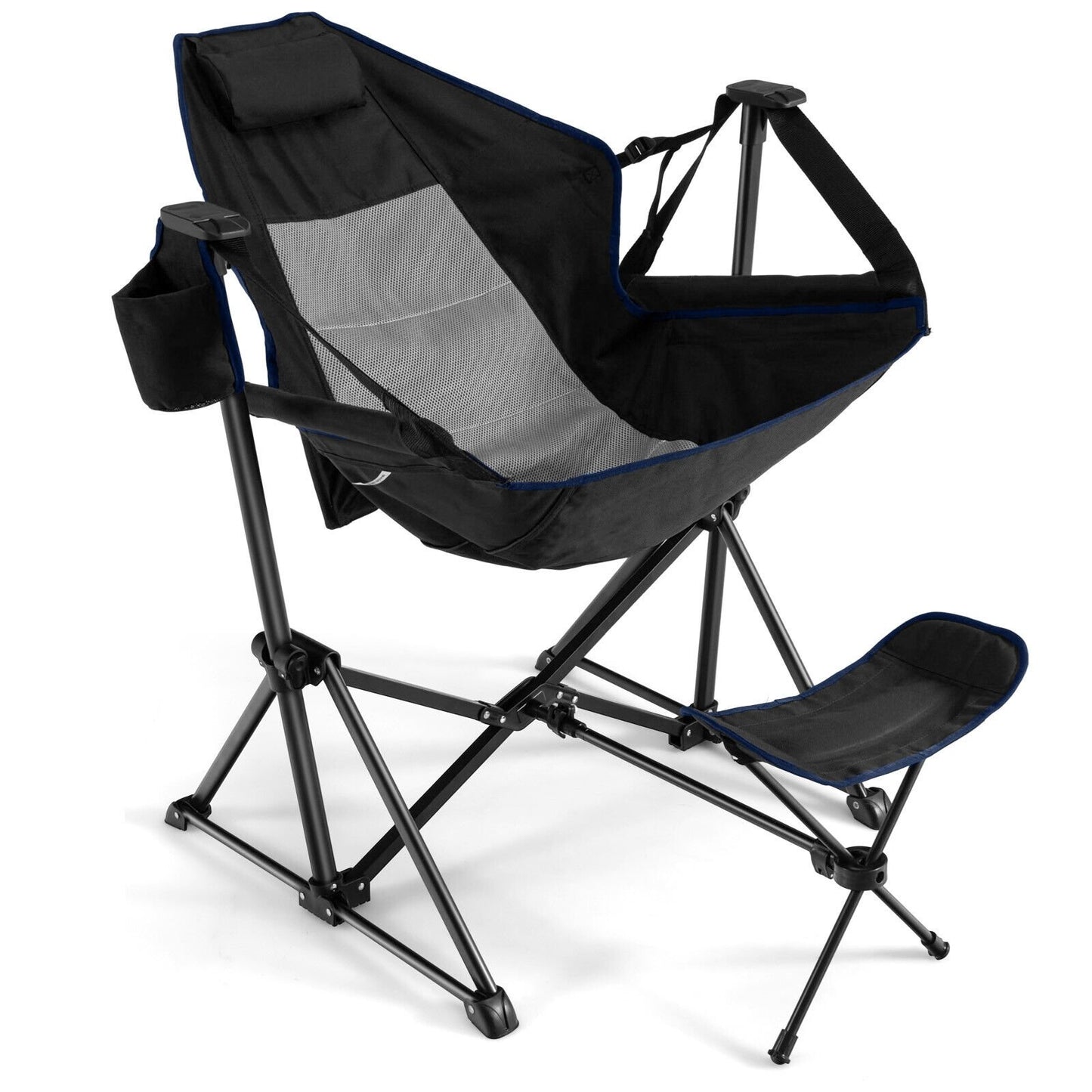 Hammock Camping Chair with Retractable Footrest and Carrying Bag, Black