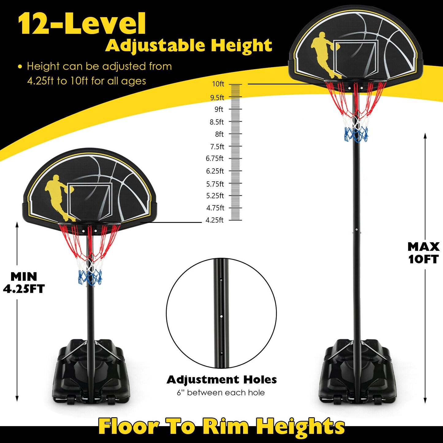 4.25-10 Feet Portable Adjustable Basketball Goal Hoop System, Black Sport Equipments at Gallery Canada