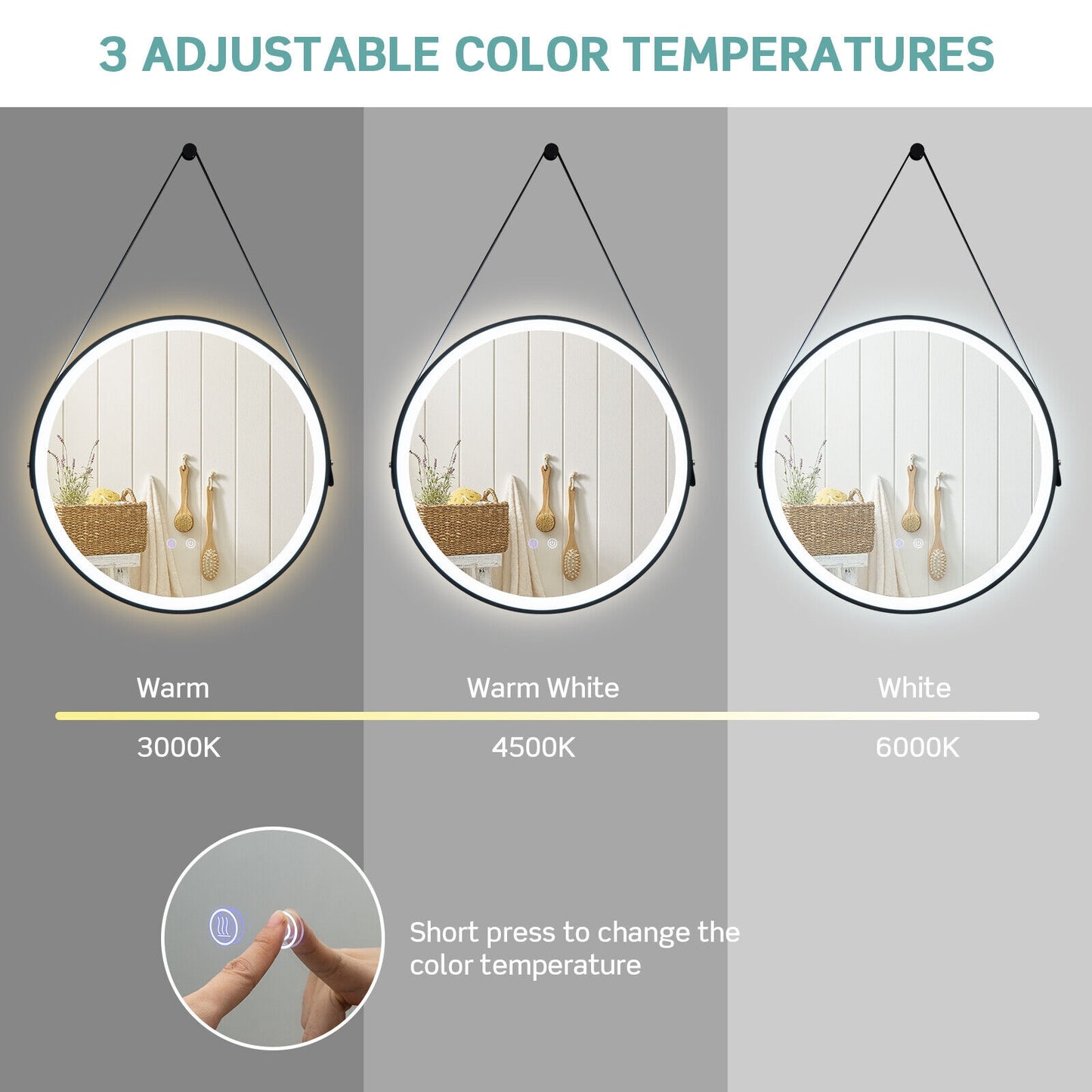 24 Inch Round Wall-mounted Mirror with 3 Color LED Lights and Anti-Fog Function, Transparent Wall Mirrors at Gallery Canada