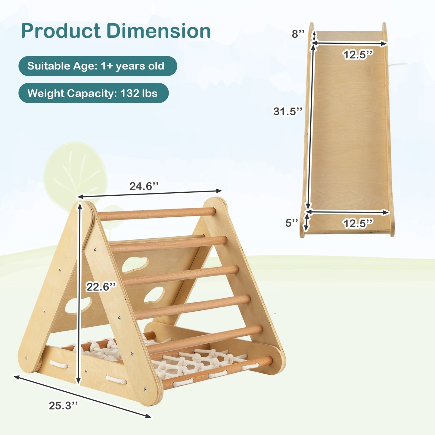 4 in 1 Triangle Climber Toy with Sliding Board and Climbing Net, Natural