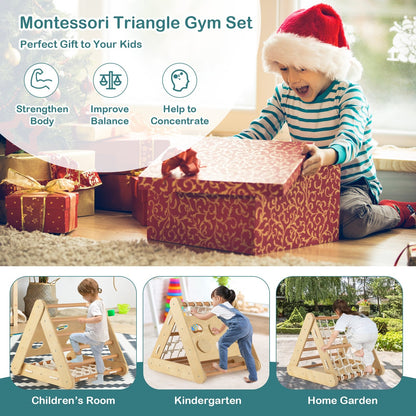 4 in 1 Triangle Climber Toy with Sliding Board and Climbing Net, Natural