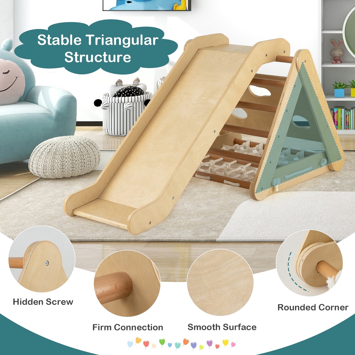 4 in 1 Triangle Climber Toy with Sliding Board and Climbing Net, Natural Climbers & Slides at Gallery Canada