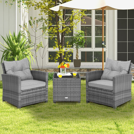 3 Pieces Outdoor Wicker Conversation Set with Tempered Glass Tabletop, Gray Patio Conversation Sets Gray at Gallery Canada
