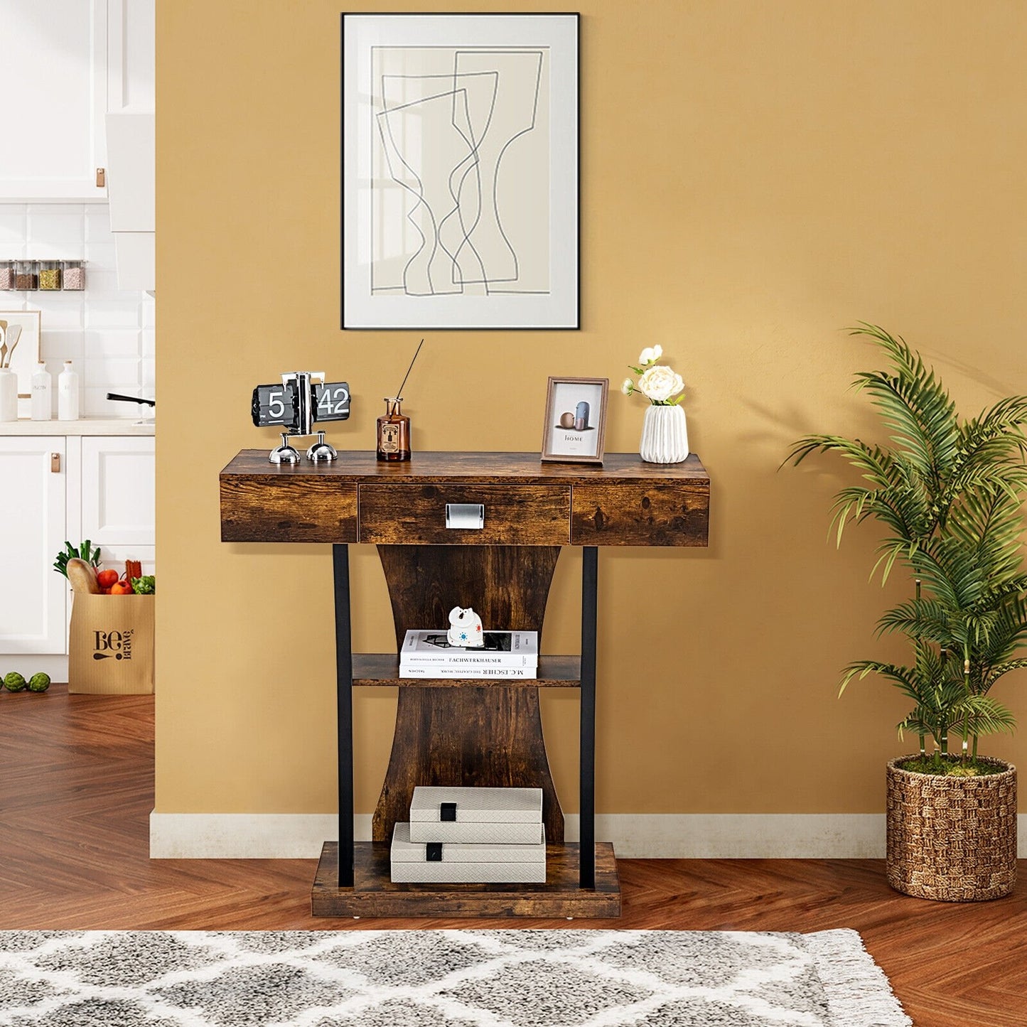Console Table with Drawer and 2-Tier Shelves for Entryway Living Room, Rustic Brown