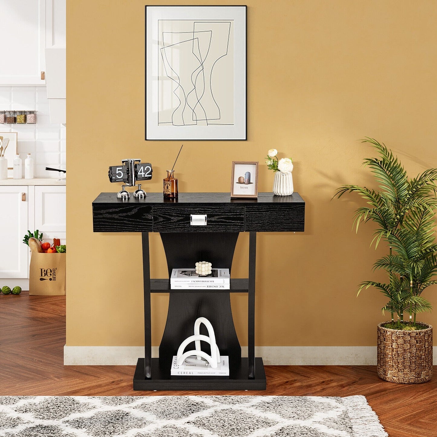 Console Table with Drawer and 2-Tier Shelves for Entryway Living Room, Black at Gallery Canada