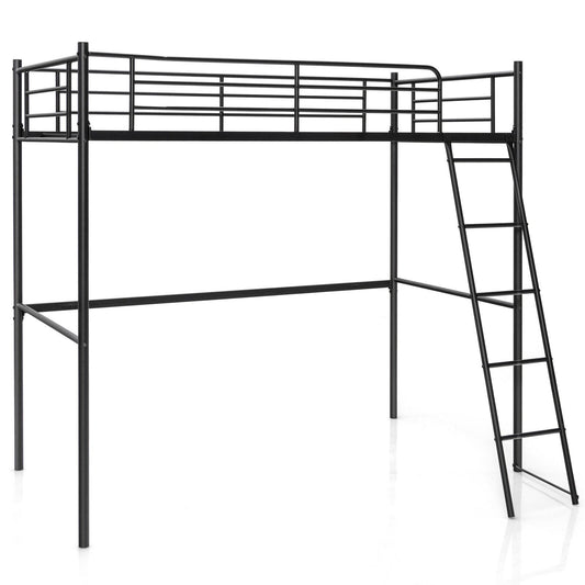 Twin Metal Loft Bed with Ladderand High Guard Rails, Black