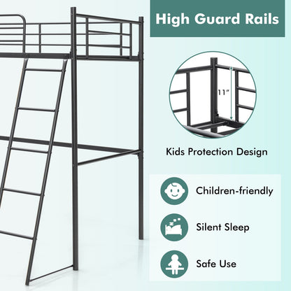 Twin Metal Loft Bed with Ladderand High Guard Rails, Black