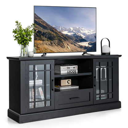 TV Stand for TVs up to 70 with Glass Doors Cubbies and Drawer, Black