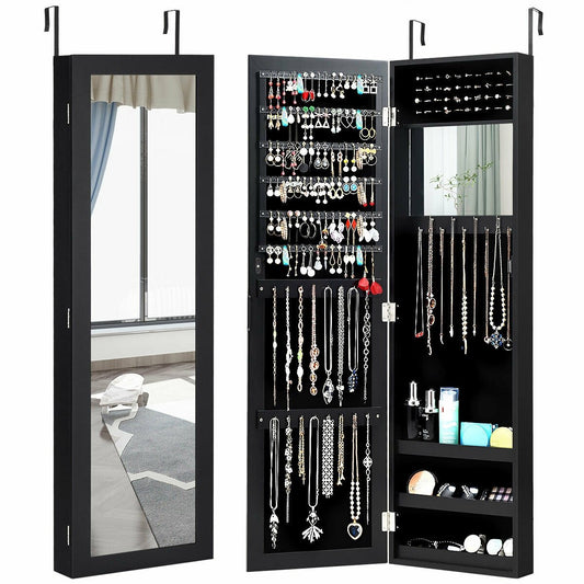 Full Length Mirror Jewelry Cabinet with Ring Slots and Necklace Hooks, Black