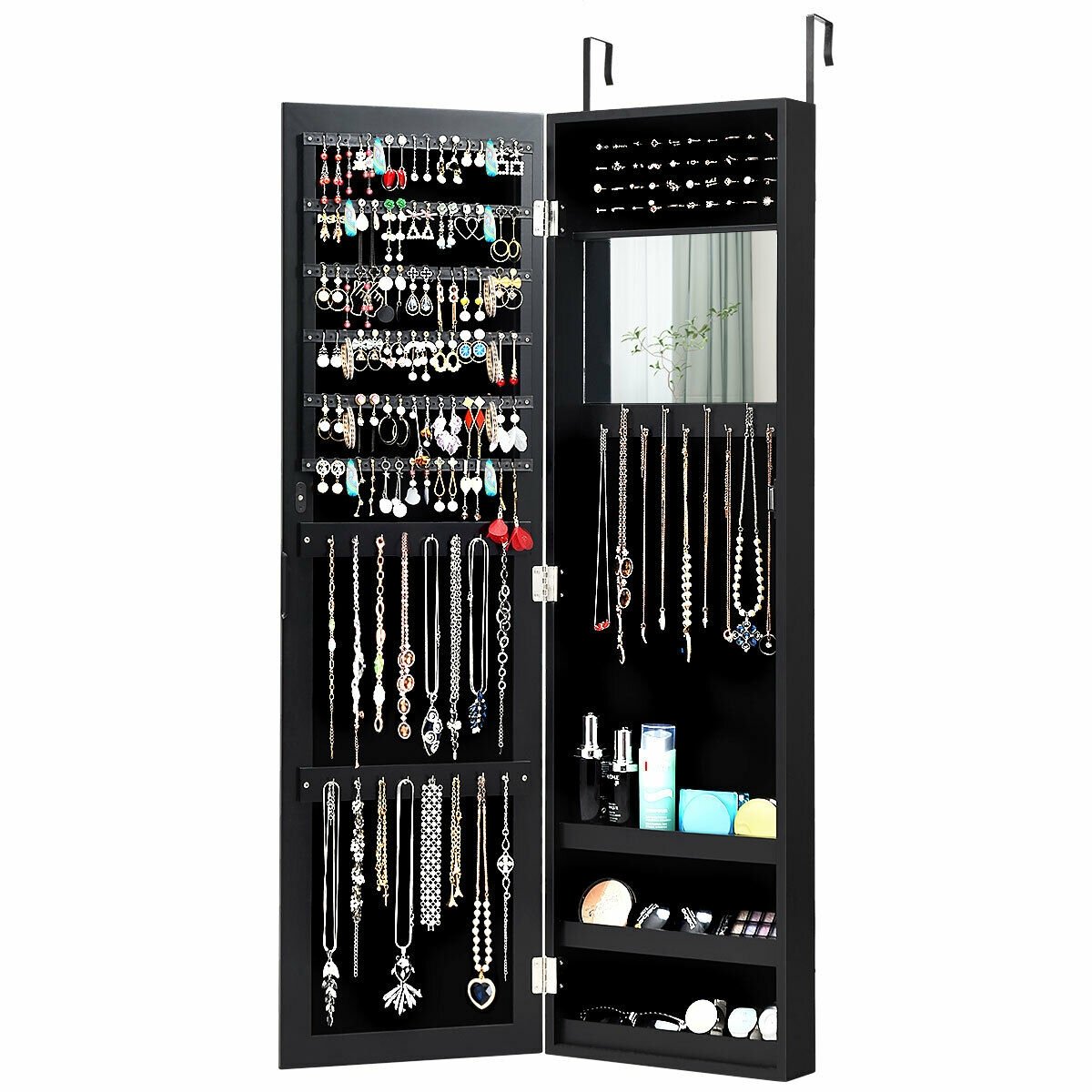 Full Length Mirror Jewelry Cabinet with Ring Slots and Necklace Hooks, Black at Gallery Canada