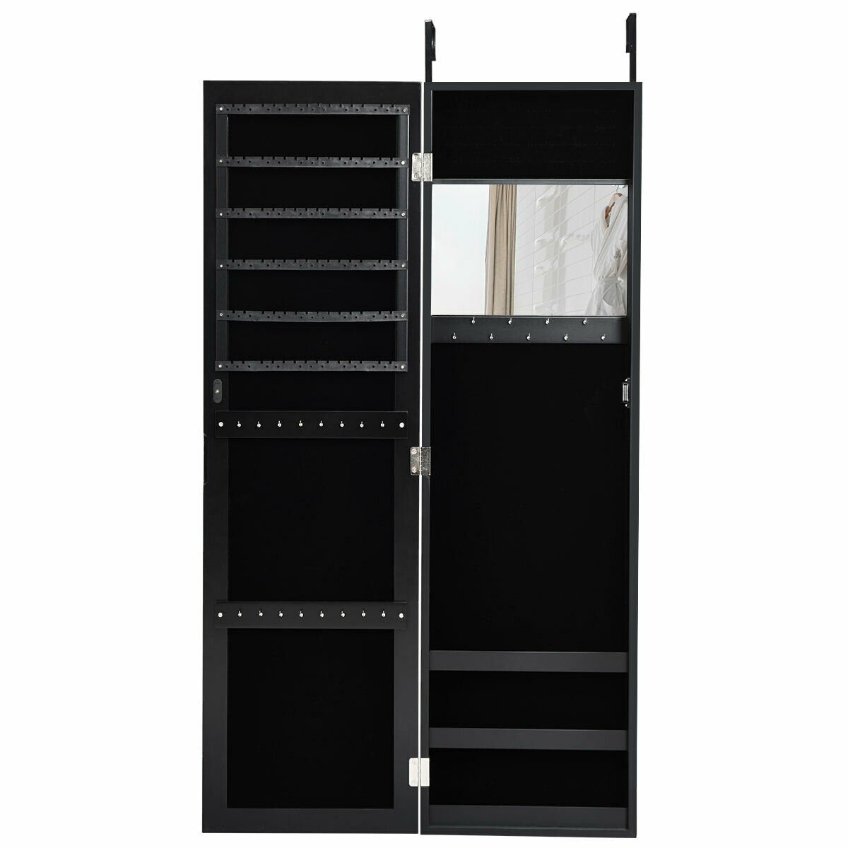Full Length Mirror Jewelry Cabinet with Ring Slots and Necklace Hooks, Black at Gallery Canada