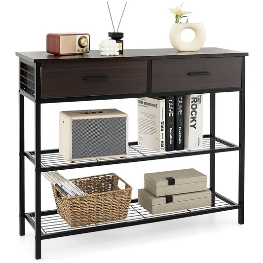 39.5 Inch Entryway Table with 2 Drawers and 2-Tier Shelves, Dark Brown