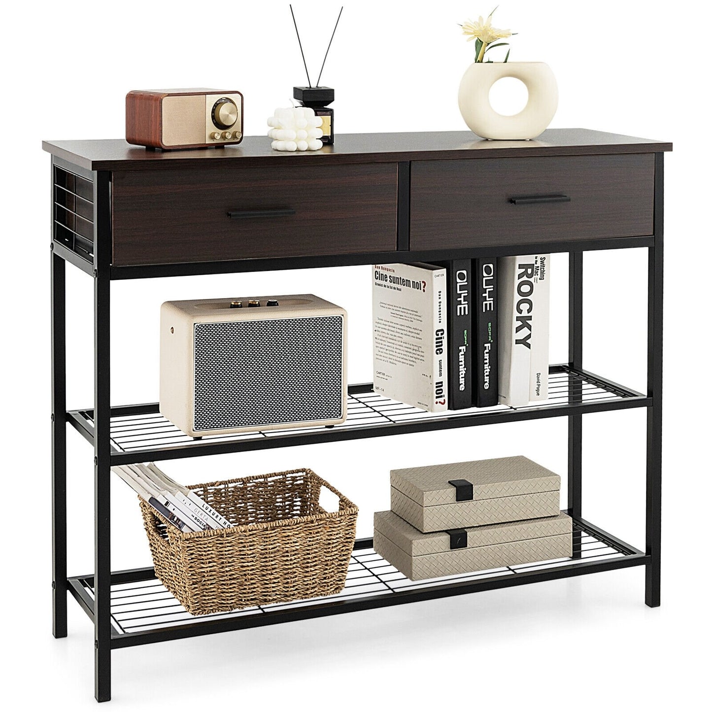 39.5 Inch Entryway Table with 2 Drawers and 2-Tier Shelves, Dark Brown at Gallery Canada