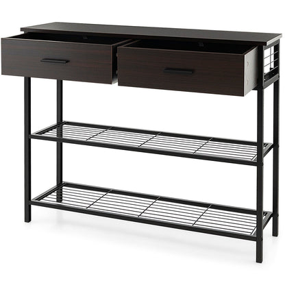 39.5 Inch Entryway Table with 2 Drawers and 2-Tier Shelves, Dark Brown